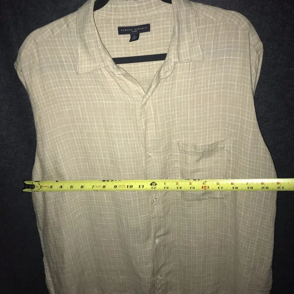 Banana Republic Shirt Tan White Plaid‎ 100% Linen Short Sleeve Button Up Men's